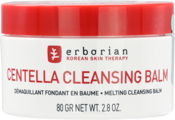 Biały słoiczek Erborian Centella Cleansing Balm do twarzy i oczu z czerwoną pokrywką, front.