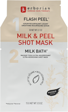 Dwufazowa maska Erborian Milk & Peel Shot: serum Flash Peel i maska Milk Bath, biało-beżowe opakowanie z tekstem.