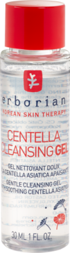 Erborian Centella Cleansing Gel, delikatny żel do twarzy z Centellą, przezroczysta butelka, czerwona nakrętka, 30 ml.