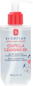 Erborian Centella Cleansing Gel, przezroczysta butelka z czerwoną pompką, front. Delikatny żel z Centella Asiatica.