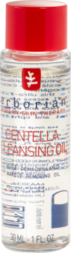 Erborian Centella Cleansing Oil 30ml, olejek do demakijażu w szklanej butelce z czerwoną zakrętką, widok z przodu.