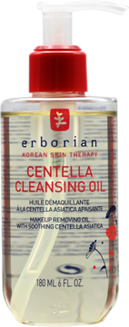 Olejek do demakijażu Erborian Centella Cleansing Oil w przezroczystej butelce z czerwoną pompką, ujęcie z przodu.