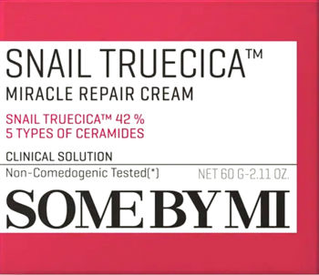 Krem SOMEBYMI Snail Truecica Miracle Repair 60g. Różowo-białe opakowanie ze śluzem ślimaka i ceramidami, widok z przodu.