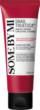 SOMEBYMI Snail Truecica Miracle Repair Low pH Gel Cleanser, czerwona tubka, czarna zakrętka, widok z przodu.