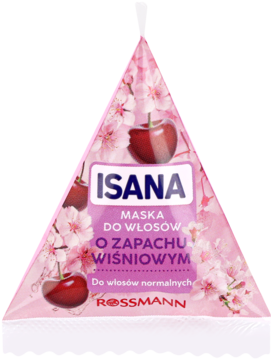 Isana Maska do włosów Kwiat Wiśni w różowej, trójkątnej saszetce Rossmann z wiśniami i kwiatami, widok z przodu.