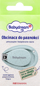 Miętowy obcinacz do paznokci Babydream dla dzieci, z uchwytem z 35% słomy pszennej, ma zaokrągloną powierzchnię tnącą.