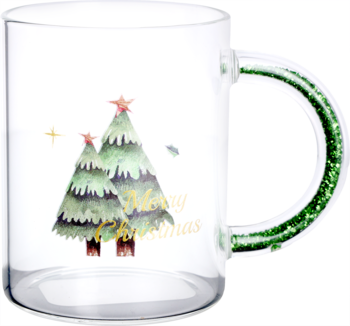 Szklany kubek z grafiką dwóch zielonych choinek, złotym napisem 'Merry Christmas' i zielonym brokatowym uchem.