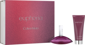 Zestaw Calvin Klein Euphoria dla kobiet: różowe pudełko, flakon wody perfumowanej i balsam do ciała. Widok z przodu.