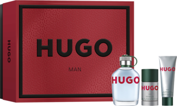 Zestaw męski Hugo Boss Hugo Man: czerwone pudełko, błękitna woda toaletowa, zielony dezodorant i żel.