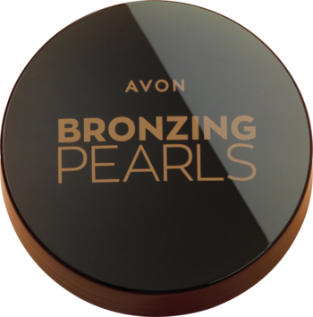 Avon Bronzing Pearls: ciemnobrązowe, okrągłe opakowanie bronzera ze złotym napisem. Widok z góry pod kątem.