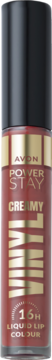 Avon Winylowa szminka w płynie „16 godzin” w kolorze rdzawego brązu, butelka z czarną nakrętką, widok z przodu.