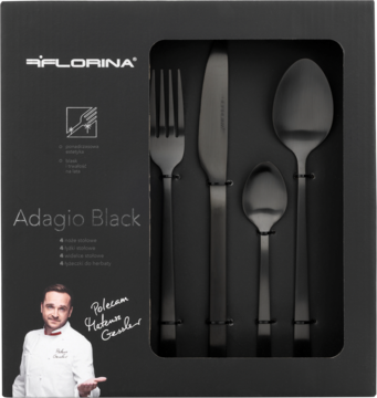 Zestaw sztućców Florina Adagio Black: czarny matowy widelec, nóż, duża i mała łyżka, widoczne w pudełku.