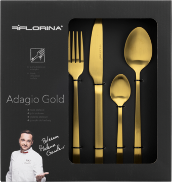Złoty matowy zestaw sztućców Florina Adagio Gold w eleganckim czarnym pudełku, widok frontalny.
