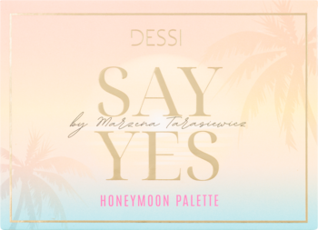 Multifunkcyjna paleta Dessi Say Yes Honeymoon do twarzy i oczu, gradient zachodu słońca, palmy, złote napisy i ramka.