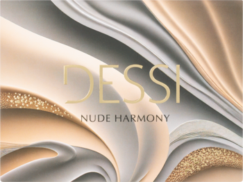 Grafika Dessi Nude Harmony: paleta cieni z falującymi beżami, złotem, srebrem i brokatem.