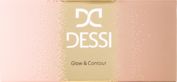 Eleganckie, złoto-różowe opakowanie Dessi Glow & Contour z białym logo DD i napisem. Luksusowa paleta do konturowania twarzy.
