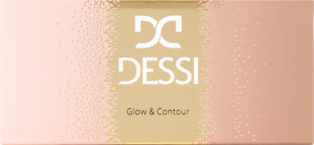 Luksusowa paleta Dessi Glow & Contour, złoto-różowe prostokątne opakowanie z białym logo. Front.