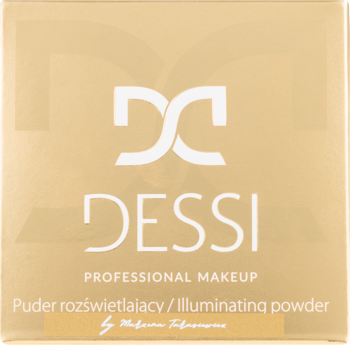Złoty Dessi Puder rozświetlający w kwadratowej puderniczce, widok z przodu, z białym logo i napisem 'Illuminating powder'.
