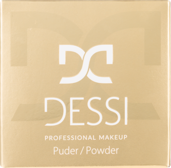 Beżowe kwadratowe pudełko Dessi Professional Makeup Puder/Powder z białym logo i napisem Puder/Powder, widok z góry.