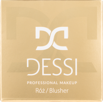 Złote, kwadratowe opakowanie różu Dessi Professional Makeup Blusher, z białym logo i napisami, widok z przodu.