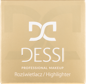 Kwadratowy rozświetlacz Dessi Professional Makeup, złote opakowanie z białym logo DD i napisem, widok z góry.