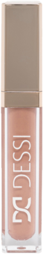 DESSIG matowa pomadka w płynie nude, w przezroczystej butelce ze złotą zakrętką, widok z przodu.