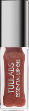 Brokatowy olejek do ust Tuli Labs Essential Lip Oil w odcieniu Caramel Chic, w przezroczystej butelce z srebrną nakrętką.