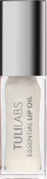 TULI LABS Essential Lip Oil, brokatowy olejek do ust w przezroczystej butelce ze srebrną nakrętką, widok z przodu.