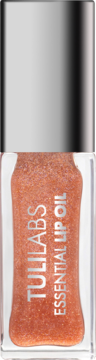 Brokatowy olejek do ust Tuli Labs Amber Sparkle, w przezroczystej butelce ze srebrną nakrętką, widok z przodu.
