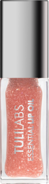 Tuli Labs Essential Lip Oil Glossy Joy, brokatowy, brzoskwiniowy, w przezroczystej butelce, widok z przodu.