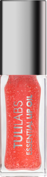 Tuli Labs Essential Lip Oil, koralowy brokatowy olejek, w przezroczystej butelce na białym tle, widok z przodu.