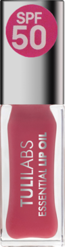 Olejek do ust Tuli Labs Pinky Mood, przezroczysta butelka, metaliczny napis i różowy okrąg z SPF 50, zbliżenie.
