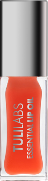 Tuli Labs Essential Lip Oil Watermelon Bomb. Przezroczysta butelka z pomarańczowym olejkiem i srebrną nakrętką.