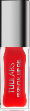 TULILABS Essential Lip Oil Strawberry Kiss, czerwony olejek w szklanej butelce z srebrną zakrętką, widok z przodu.