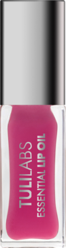 Różowy olejek do ust Tuli Labs Essential Lip Oil z witaminą E, w butelce z metalową nakrętką, widok z przodu.