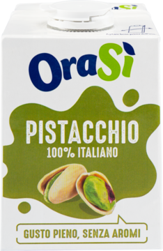 Napój roślinny OraSi Pistacchio 100% Italiano w białym kartonie z grafiką pistacji, widok z przodu.