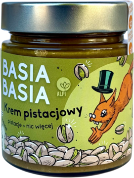Krem pistacjowy Basia Basia 100% z prażonych pistacji, zielony słoik z wiewiórką w kapeluszu, widok z przodu.