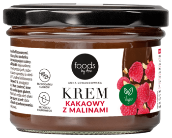 Krem kakaowy z malinami Foods by Ann, szklany słoik z czarną nakrętką. Etykieta z logo Vegan, widok z przodu.