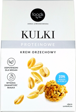 Wegańskie kulki proteinowe Foods by Ann o smaku kremu orzechowego. Białe opakowanie z orzeszkami i kulką, 23% białka.