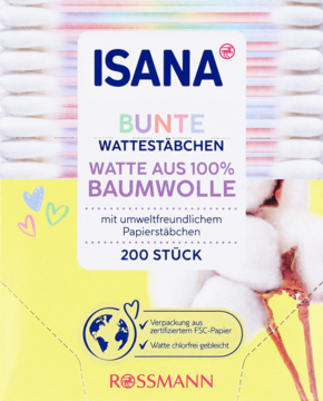 ISANA Bunte Wattestäbchen z 100% bawełny i ekologicznymi papierowymi patyczkami, widok z przodu opakowania Rossmann, 200 szt.