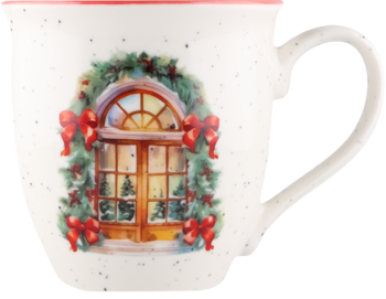 Nakrapiany biały kubek z czerwoną obwódką, z boku świąteczny wzór łukowatego okna z wieńcem i kokardami.