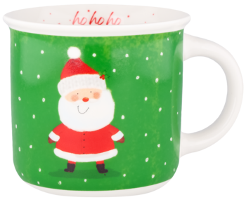 Zielony kubek świąteczny z Mikołajem, śnieżynkami i napisem 'ho ho ho' w środku. Białe ucho, widok z przodu.