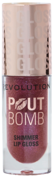 Revolution Pout Bomb Shimmer Lip Gloss Berry Lustre w przezroczystej tubce, z brokatowym płynem i różowozłotą nakrętką. Widok z przodu.
