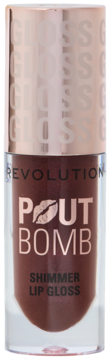 Revolution Pout Bomb Shimmer Gloss Chocolate Sparkle, brązowy błyszczyk w tubce z napisem i różowozłotym wieczkiem.
