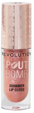 Koloryzujący błyszczyk do ust Revolution Pout Bomb Shimmer Gloss Glimmer Nude, rose gold butelka, widok z przodu.