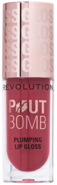 Błyszczyk Revolution Pout Bomb Plumping Gloss Wild Mauve Pink, w przezroczystej tubce z rose gold zakrętką.