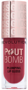 Revolution Pout Bomb Plumping Lip Gloss, Rosewood Rose Pink, w przezroczystej tubce z różowozłotą nakrętką.