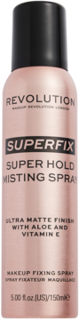Revolution Superfix Super Hold Misting Spray, różowozłota butelka, matujący, z aloesem i witaminą E, widok z przodu.
