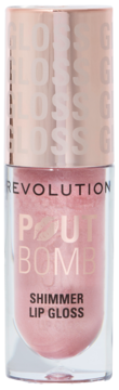 Różowy błyszczyk Revolution Pout Bomb Shimmer Gloss w przezroczystej butelce z różowozłotą nakrętką, widok z przodu.
