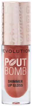 Revolution Pout Bomb Shimmer Lip Gloss nude, w przezroczystej tubce z różowo-złotą zakrętką, widok z przodu.